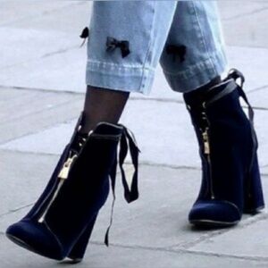 Zara  blue velvet Navy Heeled Boots with Gold Zipper block heel and ribbon tie